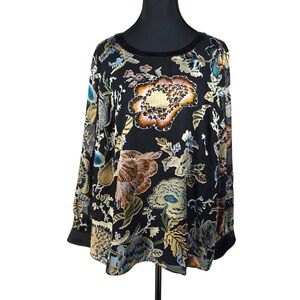 Soft Surroundings Floral Burnout Blouse Woman Large Black Gold Blue Satin Trim